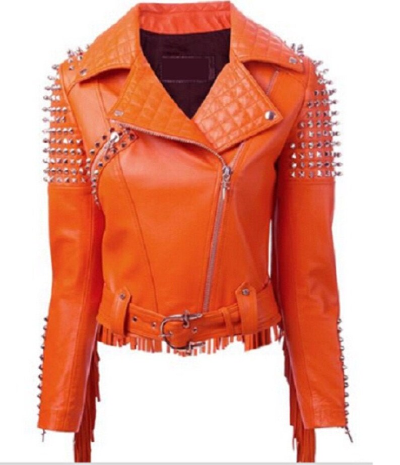Ladies Bikers Orange Quilted Fringes Real Leather Handmade Silver Studded Belted Motorbike Punk Fashion Jacket