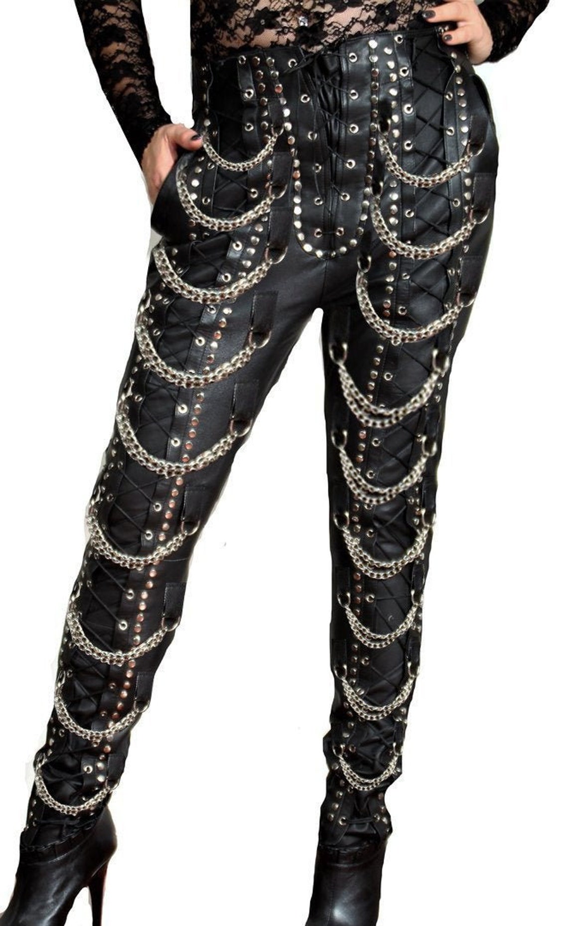 Handmade Women Silver Studded Leather Chain Loops Pants Punk Etsy