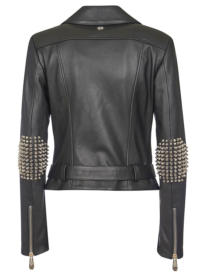 Motorbike Gray Silver Spike Studded Real Lambskin Leather Bikers Lapel Handmade Fashion Gothic Punk Jacket