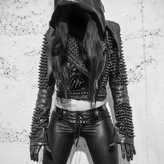 Women Spiked Steam Punk Studded Leather Jacket, Rockers Studded