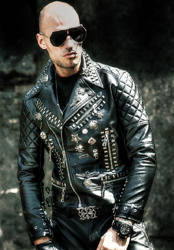 Bomber Brando Heavy Pyramid Silver Studded Men Cowhide Leather 