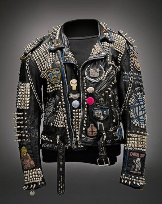 Men Gothic Heavy Metal Multi Studs Premium Cowhide Leather Patches Zippered  Handmade Bikers Hippie Fashion Punk Jacket 
