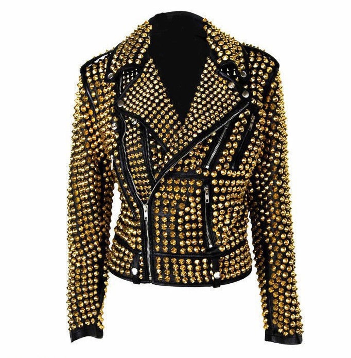 Women Golden Studded Jacket Genuine Leather Cone Studs Jacket - Etsy