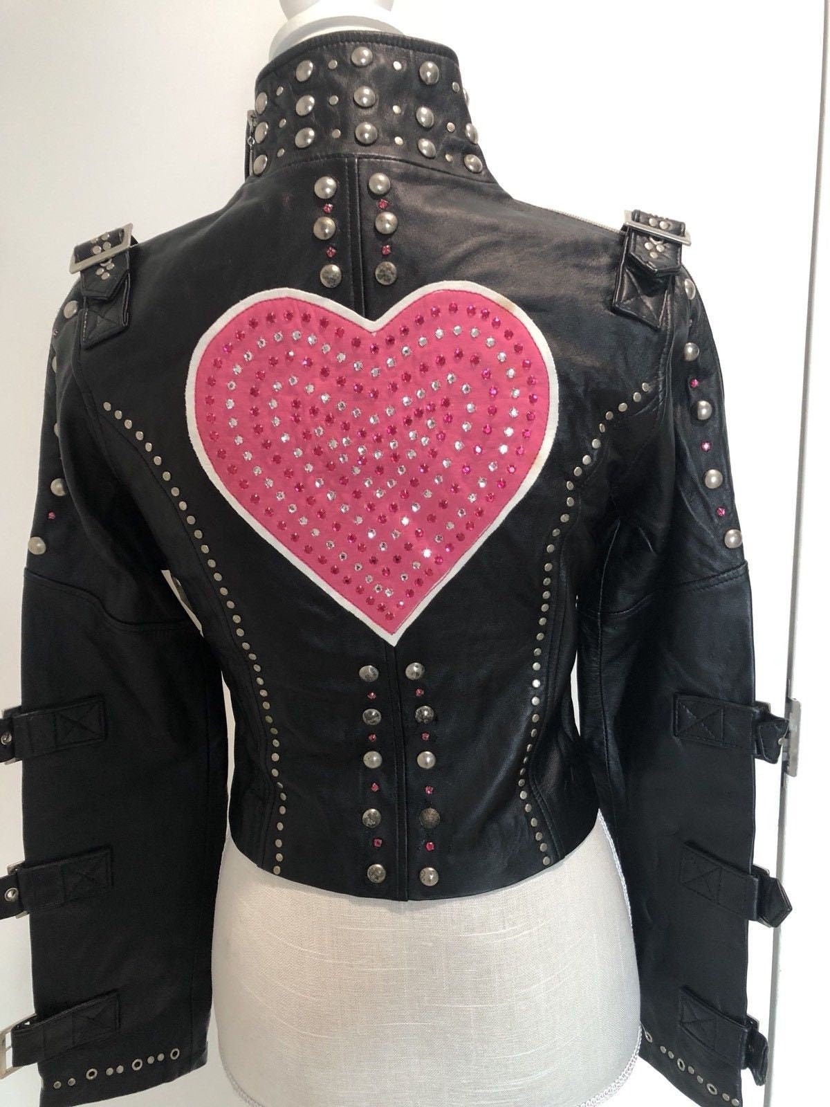 Handmade Women Multi Color Rhinestones Studded Leather Jacket Pink