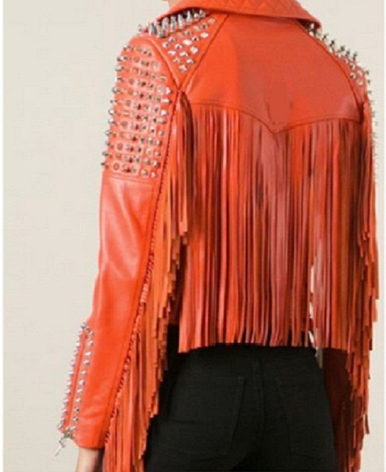 Ladies Bikers Orange Quilted Fringes Real Leather Handmade Silver Studded Belted Motorbike Punk Fashion Jacket