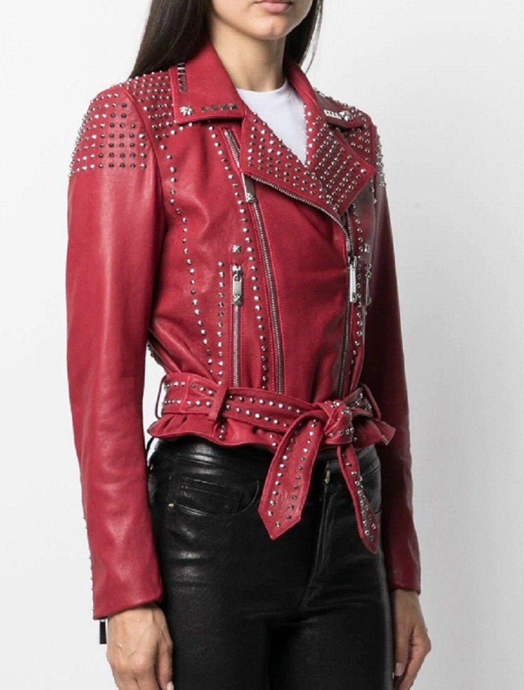 Women Customize Red Studded Pockets Lambskin Leather Bikers - Etsy