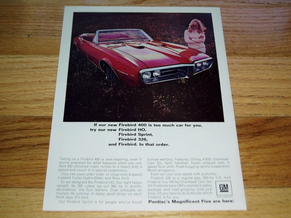 1967 PONTIAC FIREBIRD CONVERTIBLE Ad * Vintage/original Magazine