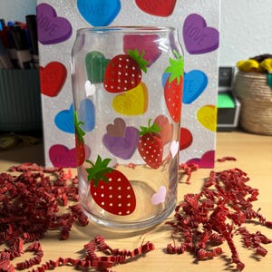 Strawberries Heart Can Glass Cup Hearts Can Cup Valentines Day Gift Galentines Gift for Her Gift for Friend Valentines Day Gift Idea