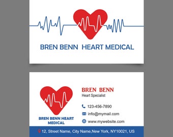 May include: A business card for Bren Benn Heart Medical, a heart specialist. The card features a red heart with a blue EKG line inside, and the text "Bren Benn Heart Medical" in blue letters. The contact information is listed below, including the phone number, email address, and website.