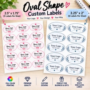May include: Two sheets of oval custom labels. The left sheet has 15 pink labels measuring 2.5 inches by 1.75 inches with heart and bow accents. The right sheet has 10 blue labels measuring 3.25 inches by 2 inches with leaf and heart accents.