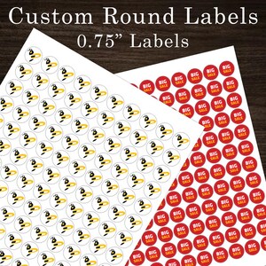 May include: Sheets of custom round labels. One sheet features bee graphics with yellow and black details on a white background. The other sheet has red circles with the text "BIG SALE". Each label is 0.75 inches in diameter.