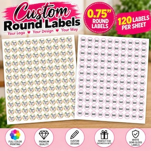 May include: Two sheets of 0.75 inch round labels. The left sheet features a floral wreath design with the text Thank You. The right sheet contains rows of circular labels each printed with the number 60. Both sheets contain 120 labels per sheet.