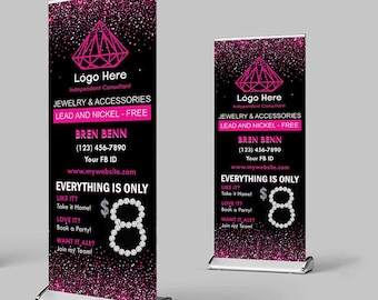 Personalized Jewelry Retractable Banner 33x81 | Custom Roll Up Banner Stand | Boutique Display Sign | Trade Show Booth Banner | FREE Design