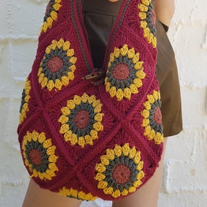 Red, Wine-red SUNFLOWER, Totebag, Knit Bag, Summer bag, BOHEMIAN Shoulder Bag, HANDMADE Cotton Bag, Stylish, Gift for Her, Express Shipping