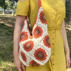 Handmade White & Burnt Orange Crochet Shoulder Bag, Boho Granny Square Design, Perfect Gift for Her, Summer Beach Bag, Express Shipping