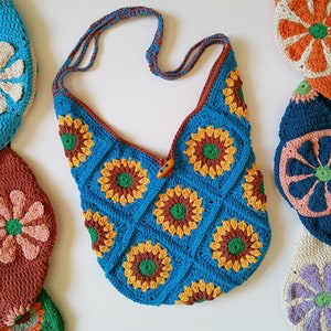 SUNFLOWER Totebag, Crochet Blue Floral Bag, Bohemian Knit Bag, Handmade Cotton Bag, Hippie, Summer, Beach Bag, Gift Idea, Express Shipping