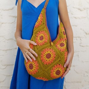 Rosa & gelblich-grün Totebag, gehäkelte BLUMEN Tasche, Strandtasche, Boho Stricktasche, handgemachte Baumwolltasche, Reise, Boho Sommer, Express Versand