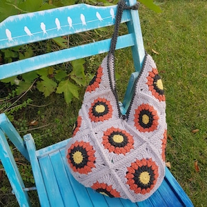 Beige & Orange FLORAL Totebag, Beach, Bohemian Shoulder Bag, HANDMADE Crochet Cotton Bag, Stylish, Knit Bag, Gift for Her, Express Shipping