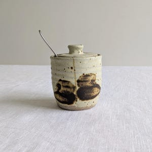 Vintage Studio Pottery Jar: Beige Brown Leaf Design, Lidded Pot