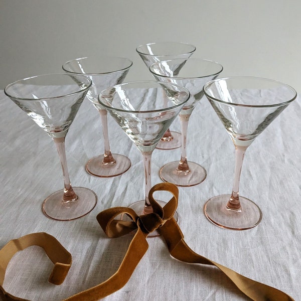 Six Vintage French Cocktail Glasses, Pink Stems, Arc / Luminarc Martini Glasses, Set of 6, Pink Stemmed, 1970s, France, Vintage Gift