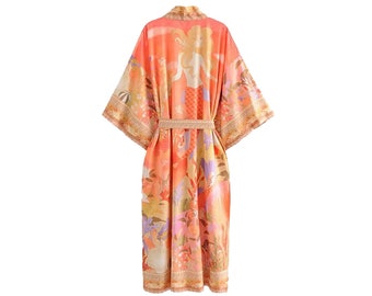 Women Boho Floral Kimono Dress Summer Bohemian Kimono Dress Hippie Kimono Robe Summer Boho Tunic Beach Kimono Long Gown Dress