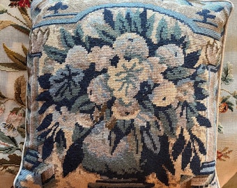 Traditional needlepoint cushion cover, blue and fawn tapestry pillow cover