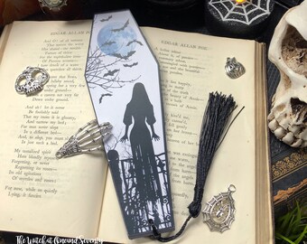 Halloween Bookmark, Black and White Spooky Girl Halloween Coffin Bookmark, Gothic Bookmark, Witchy Bookmark, UK Halloween