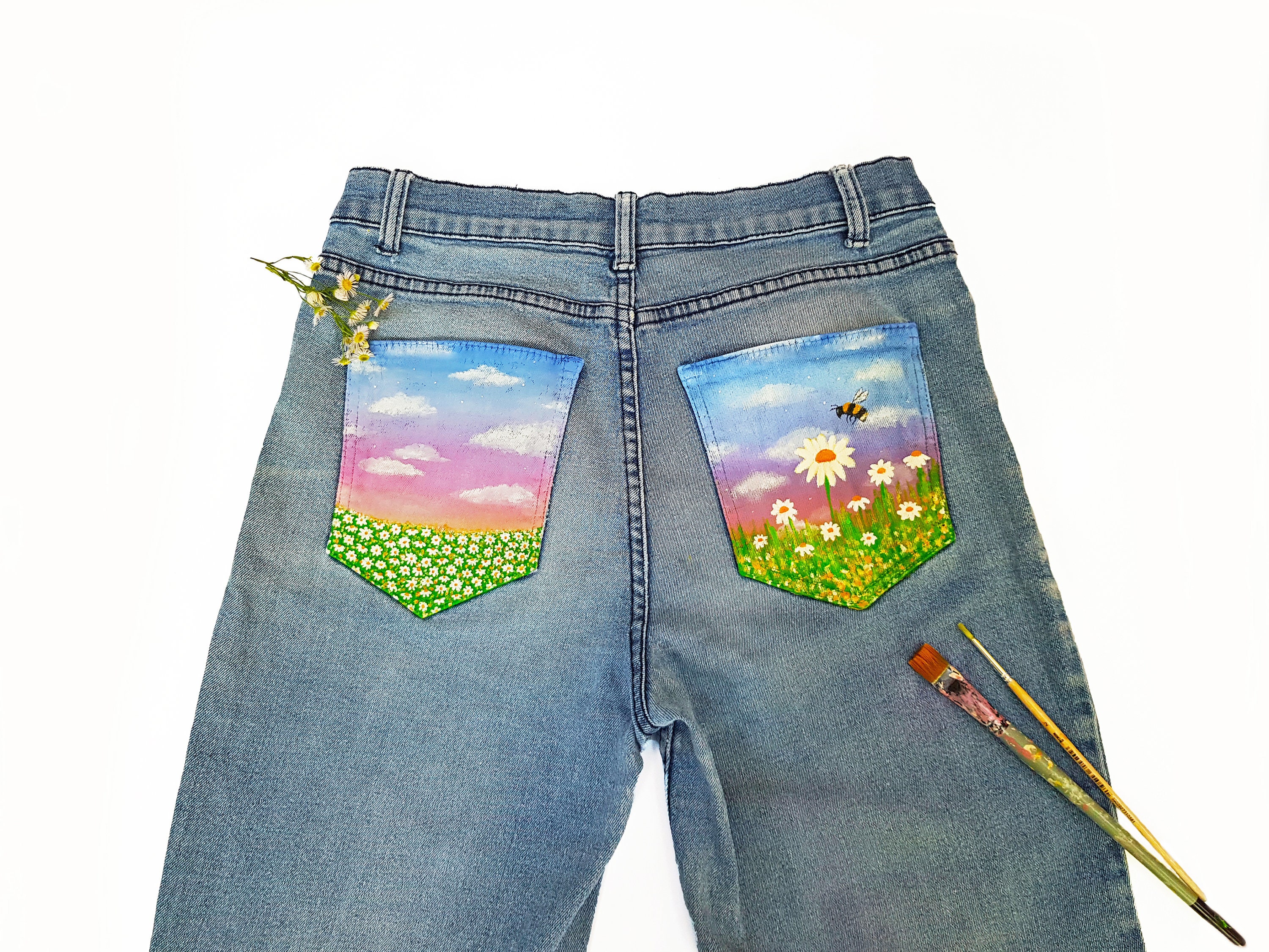 Painted Flower Jeans Flower and Bee Custom jeans Custom Etsy
