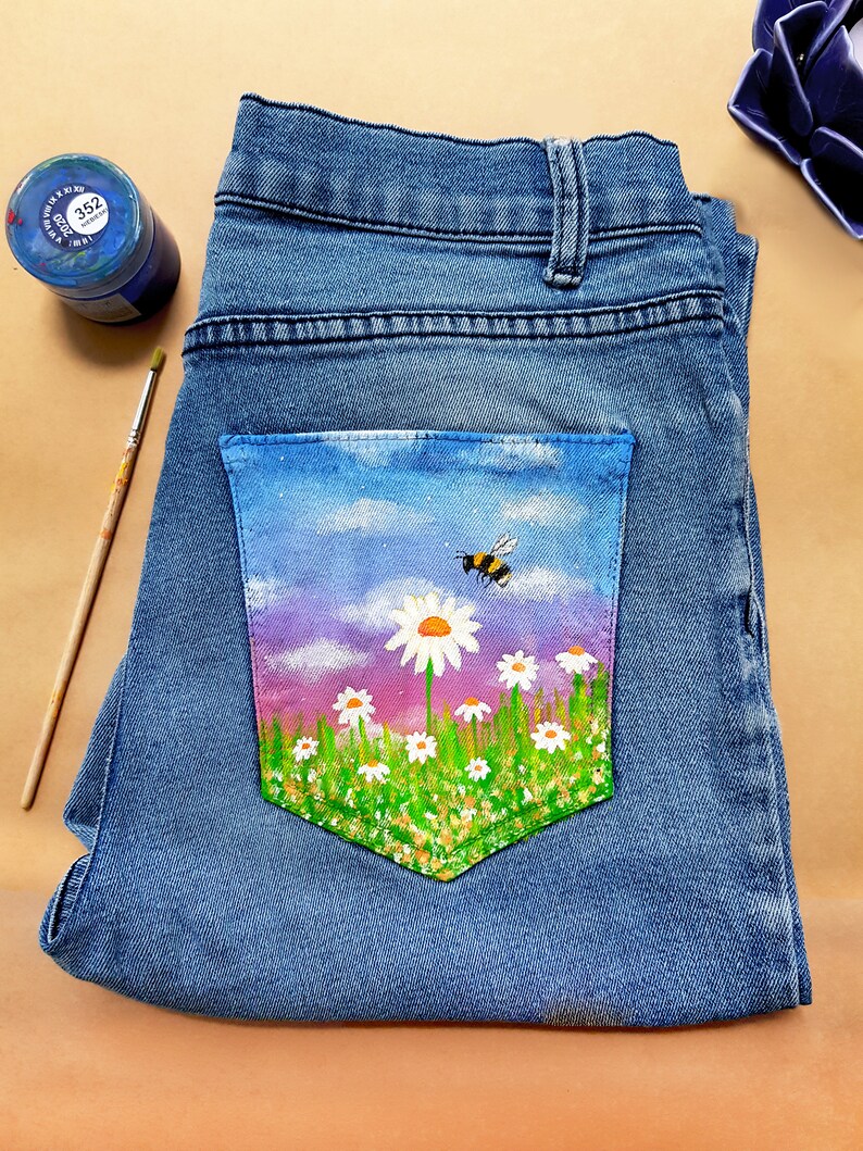 Painted Flower Jeans Flower and Bee Custom jeans Custom Etsy