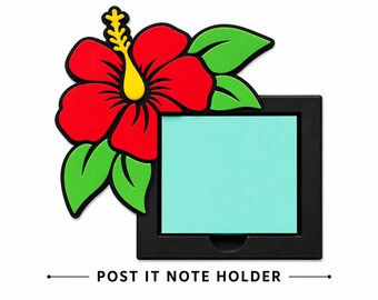 May include: A black square post-it note holder featuring a vibrant red hibiscus flower with a yellow center and bright green leaves attached to the top left corner. The holder contains a stack of light turquoise square paper notes.