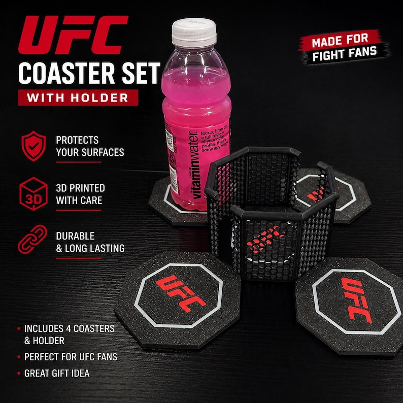 May include: A black UFC coaster set with a holder. The set includes four coasters with the UFC logo in red and white. The holder is a black cage design. A bottle of pink vitaminwater sits on one of the coasters.
