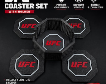 May include: A black UFC coaster set with a holder. The coasters are octagonal with a white border and the UFC logo in red. The holder is a black octagon shape. The text "UFC COASTER SET" is at the top.