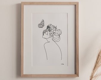Flower Head Woman, Woman with butterfly line art print.