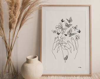 Woman with butterfly line art print. Female art. One Line drawing print