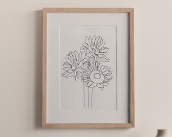 Flower Print Line Art, Floral Wall Art, Printable Botanical Poster, Flower wall Decor, Sunflower Print