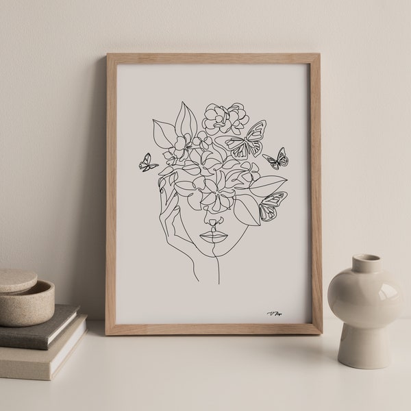 Flower Head Line Art. Flower Head Poster. Woman with Flower head. Female Line Art