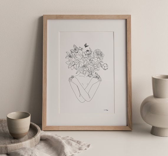 Self love One Art. Body positive art .Feminine Body Art. Flower Head art print. Botanical line art. Line drawing Print. Designer wall art