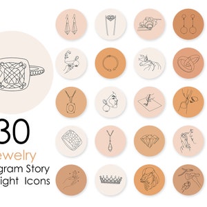 May include: Set of 30 minimalist line art Instagram story highlight icons for a jewelry brand. The icons feature various jewelry pieces, including rings, necklaces, earrings, bracelets, and crowns. The icons are in black and white and are set against a beige background.