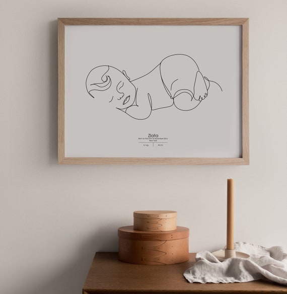 Birth Details Print PERSONALIZED BIRTH POSTER Custom Line Portrait Drawing New Parents Gift Mothers Day Gift Portrait From Photo