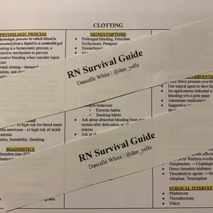 Op de afbeelding: Een wit vel papier met een handgeschreven gids voor verpleegkundigen over stolling. De gids bevat informatie over het fysiologische proces, tekenen en symptomen, interventies, diagnostiek en chirurgische interventies. De gids is getiteld "RN Survival Guide" en bevat de naam van de auteur en zijn social media-handle.
