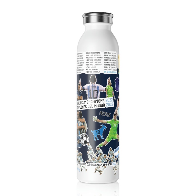 20oz Slim Water Bottle ARGENTINA World Cup Champions 2022, Messi 10, Campeon Mundial, Soccer, Futbol, Campeones Del Mundo image 3
