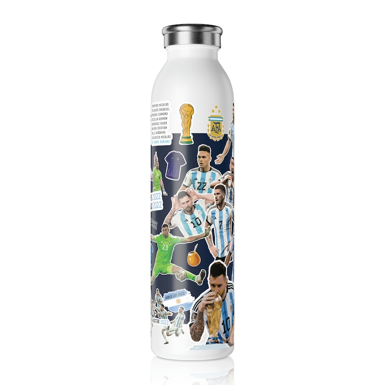 20oz Slim Water Bottle ARGENTINA World Cup Champions 2022, Messi 10, Campeon Mundial, Soccer, Futbol, Campeones Del Mundo image 2