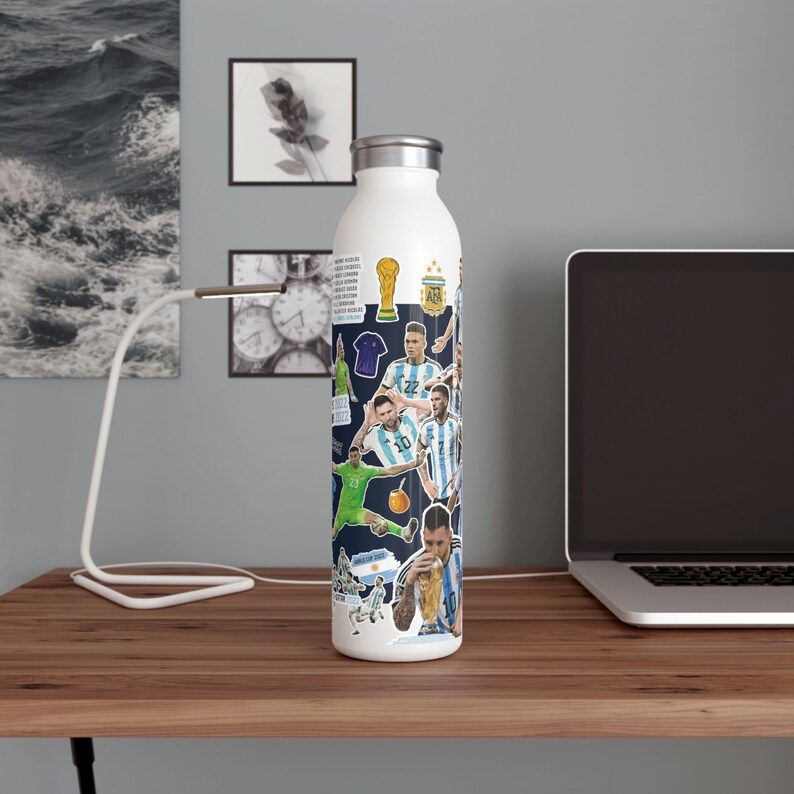 20oz Slim Water Bottle ARGENTINA World Cup Champions 2022, Messi 10, Campeon Mundial, Soccer, Futbol, Campeones Del Mundo image 1