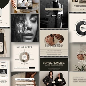 May include: A collection of digital marketing designs in a neutral colour scheme. The designs feature text including "Craft the Life You Desire", "Master", and "Fierce, Fearless, and Fabulous". The theme appears to be related to self-improvement and lifestyle.