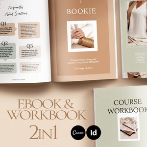 May include: A mockup of a workbook with the title 'BOOKIE' and the text 'Professionally designed ebook & magazine template' on the cover. The workbook is open to reveal pages with the text 'Frequently Asked Questions' and 'Important questions & answers for your new mindset.' The workbook also includes a life wheel of nine diagram and the text 'EBOOK & WORKBOOK 2IN1' and 'COURSE WORKBOOK'.