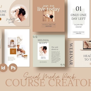 May include: Social media pack template for course creators. The template features a light brown background with a variety of images and text. The text includes the words "Podcast", "Webinar", "Free eBook & Workbook", "Join me live today", "Only one day left to join the course!" and "Join my Great Podcast".