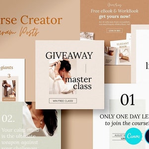 Pu&ograve; includere: Un collage di modelli di post Instagram per un creatore di corsi. I modelli presentano un'estrazione a sorte per una masterclass, un evento in diretta e un annuncio di corso. Il testo sui modelli &egrave; in uno stile moderno e minimalista.