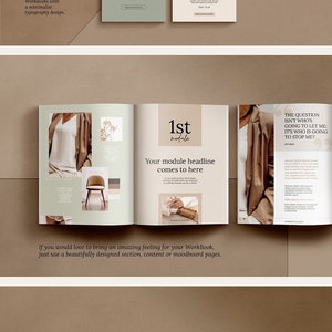 May include: A digital workbook template with a minimalist design featuring a beige and green color scheme. The template includes cover options, section headers, and module pages. The text "Course Workbook" is featured on the cover.