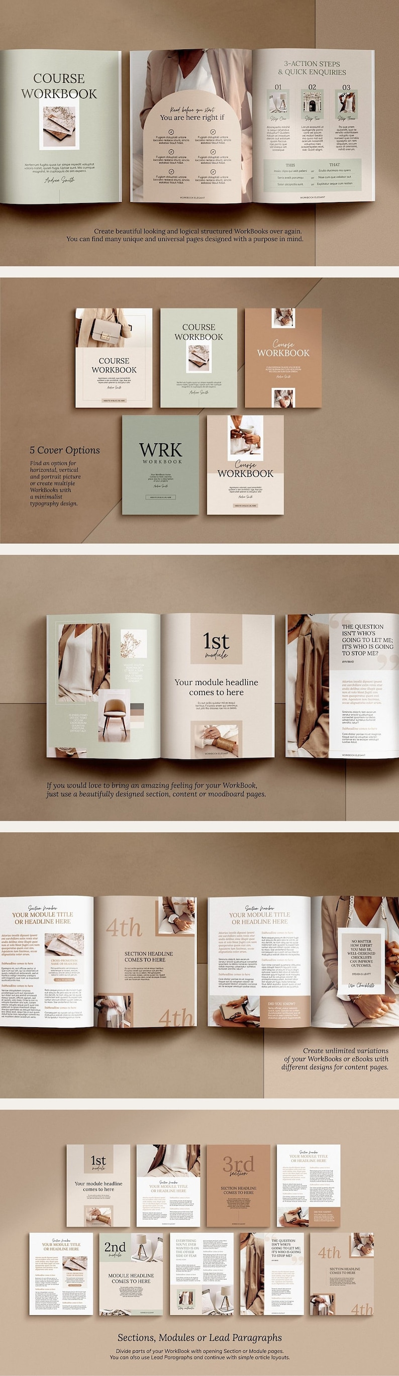 May include: A digital workbook template with a minimalist design featuring a beige and green color scheme. The template includes cover options, section headers, and module pages. The text "Course Workbook" is featured on the cover.
