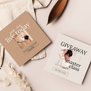 Pu&ograve; includere: Due carte quadrate con sfondo marrone chiaro e bianco. La carta a sinistra ha il testo "join me live today" in bianco. La carta a destra ha il testo "GIVEAWAY master class" in nero. Entrambe le carte hanno una foto di una donna sullo sfondo.